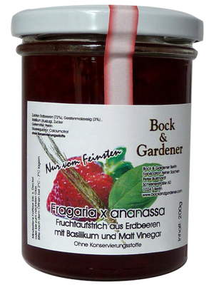 Fragaria x ananassa mit Basilikum und Malt Vinegar